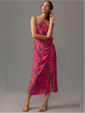 Farm Rio Anthropologie Pink Tropical Fish Print Halter Slim Midi Dress XXS